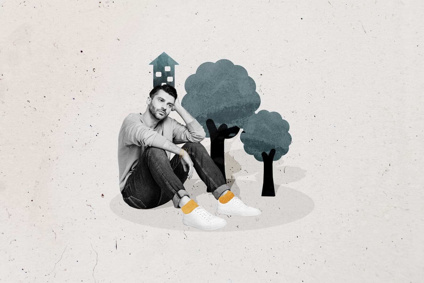 Ilustración de un hombre pensativo junto a una casa y árboles